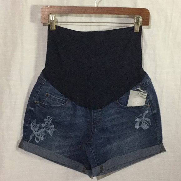 a:glow Pants - a:glow Maternity Embroidered Denim Shorts w/Cuffs